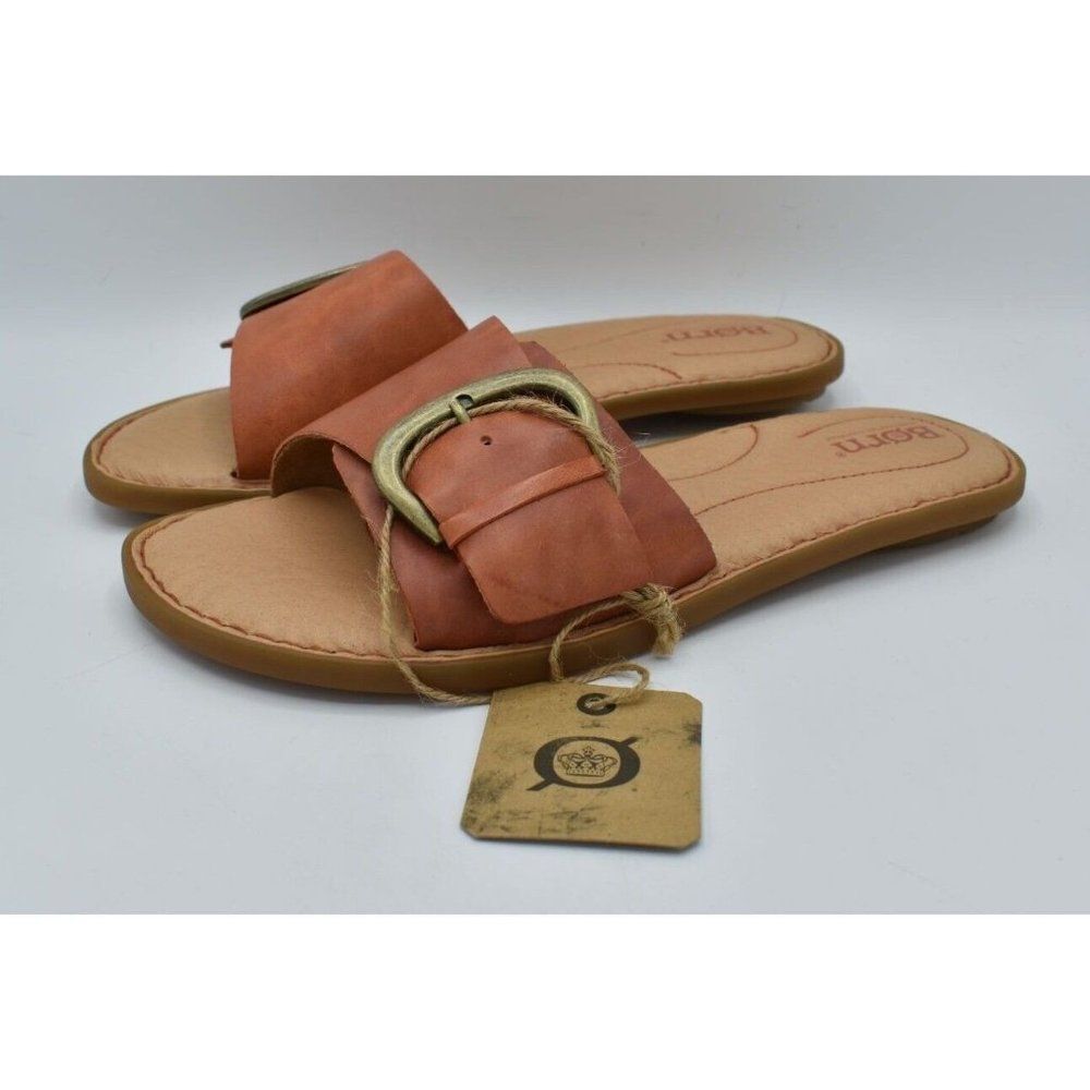 Born Women Size 10 Miarra Big Buckle Papaya Orange Leather Slide Slip On Sandals
